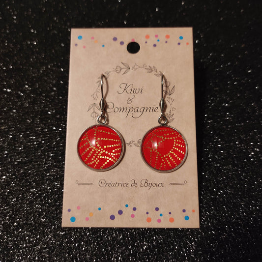Boucles d'oreilles cabochons ronds 18mm - métal argenté - papier japonais pois dorés fond rouge