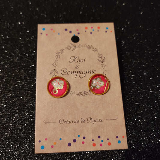 Boucles d'oreilles Puces 12mm - Acier inoxydable doré - Papier japonais fleur de cerisier blanche, fond rose vif