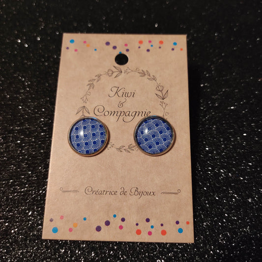 Boucles d'oreilles Puces 14mm - Acier inoxydable - Graphique ronds bleus