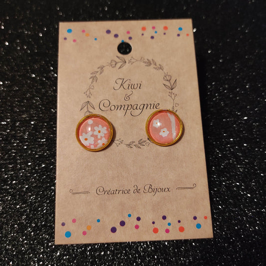 Boucles d'oreilles Puces 12mm - Acier inoxydable doré - Papier japonais fleurs blanches, fond rose