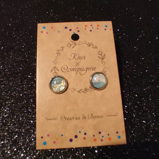 Boucles d'oreilles Puces 10mm - Acier inoxydable - Papier japonais fleurs de cerisier bleues et blanches
