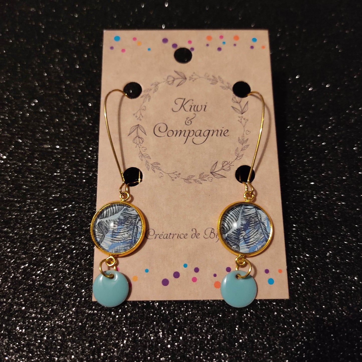 Boucles d'oreilles pendantes crochets fermés - Cabochon rond 12mm - acier inoxydable doré - graphique noir et bleu