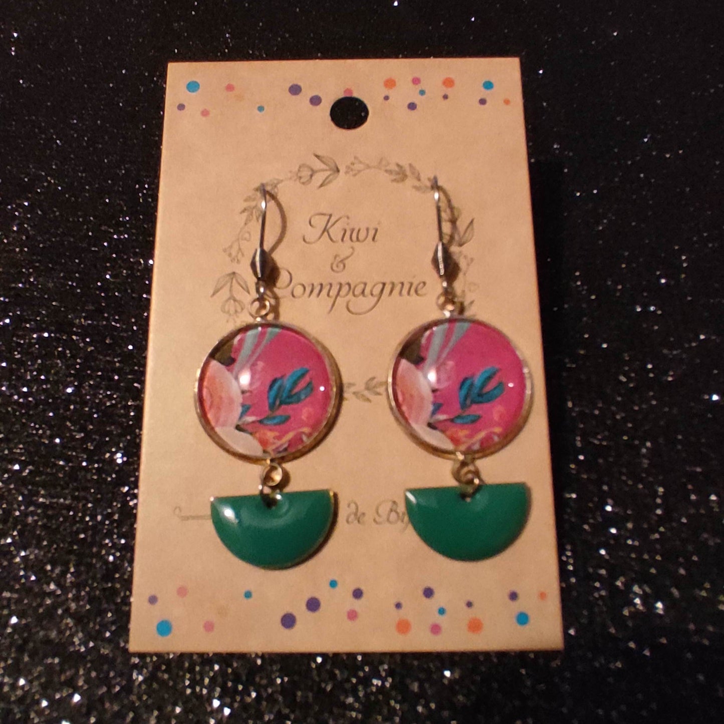 Boucles d'oreilles cabochons ronds 18mm - Acier inoxydable -floral rose et vert, sequin demi cercle bleu canard