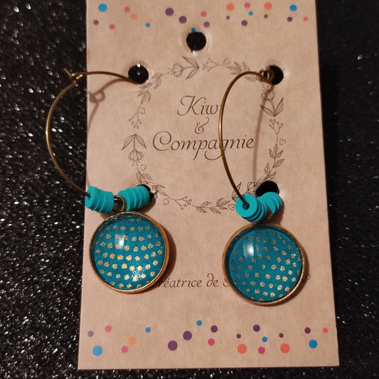 Boucles d'oreilles Créoles 30 mm - cabochons verre 16 mm - papier japonais pois dorés, fond vert émeraude - acier inoxydable doré