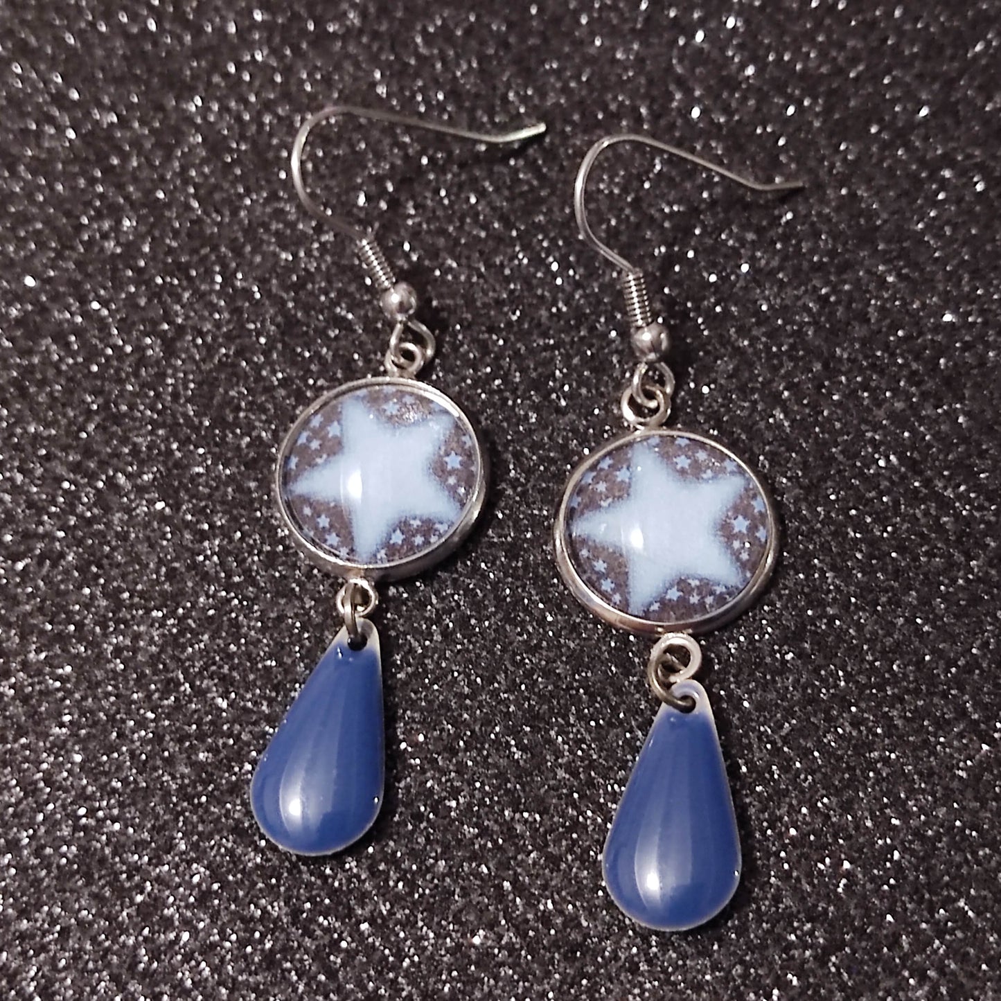Boucles d'oreilles cabochons 14mm - Acier inoxydable - Papier star bleue, breloque goutte bleue