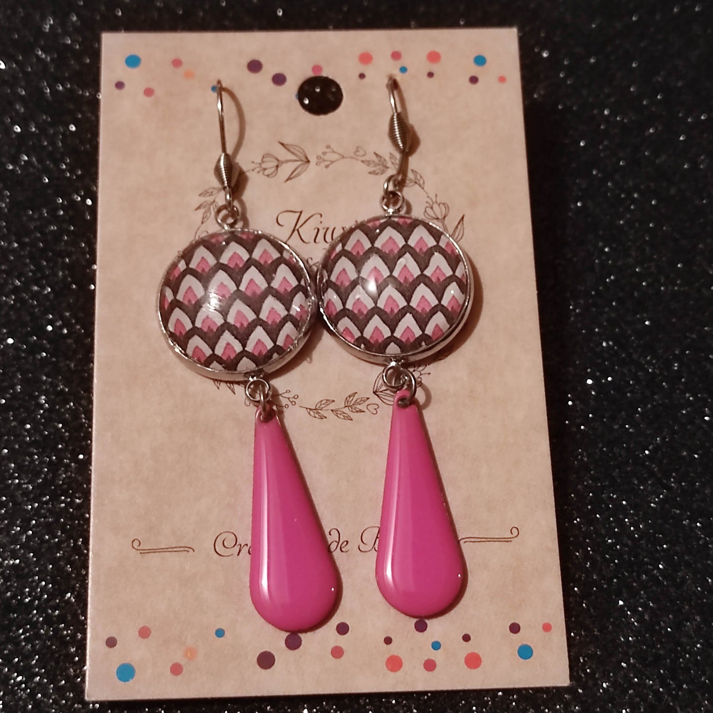 Boucles d'oreilles cabochons ronds 18mm - Acier inoxydable - graphique rose et mauve - sequin rose