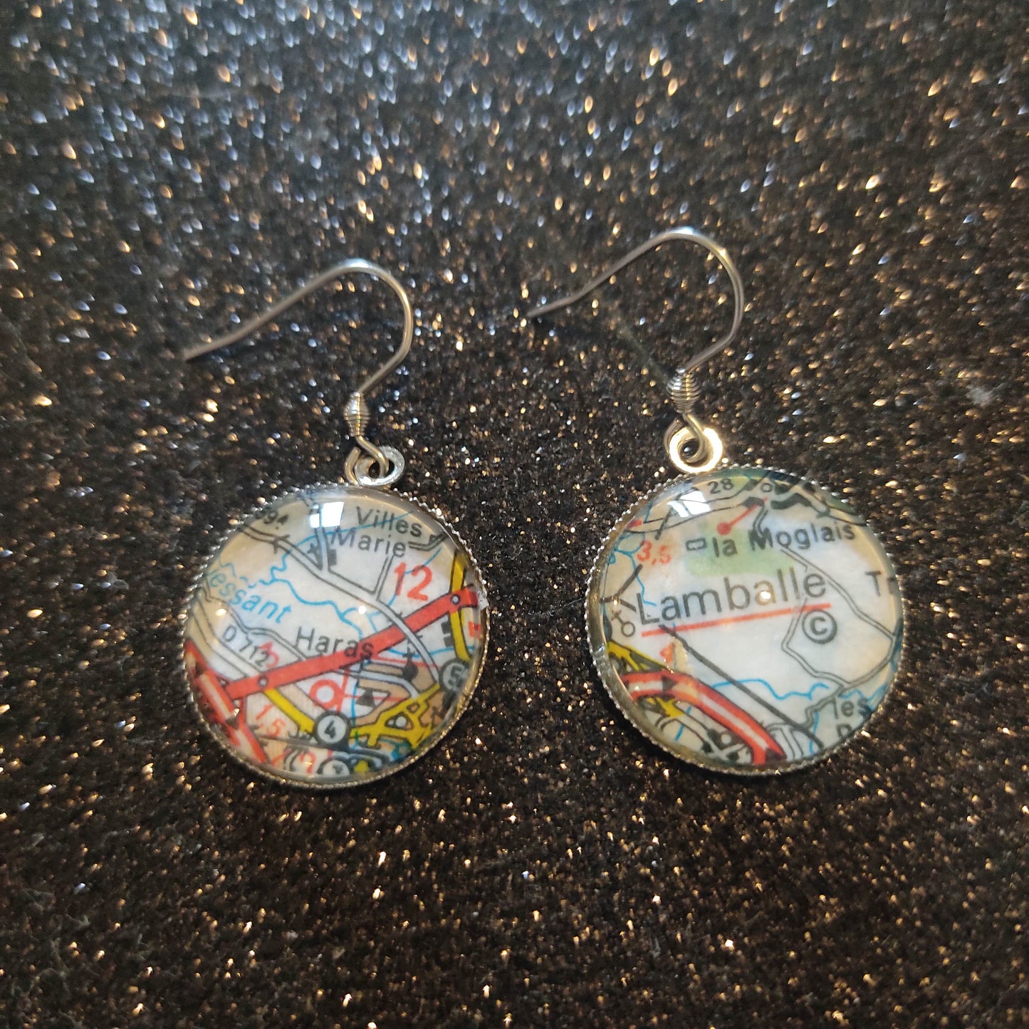 Boucles d'oreilles cabochons ronds 20mm - Métal argenté - carte routière Lamballe
