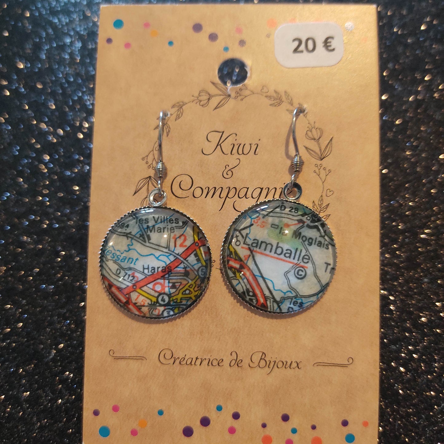 Boucles d'oreilles cabochons ronds 20mm - Métal argenté - carte routière Lamballe