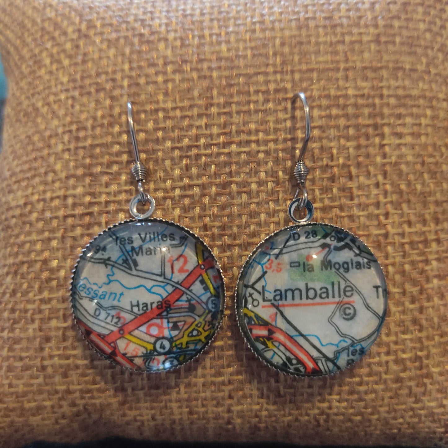 Boucles d'oreilles cabochons ronds 20mm - Métal argenté - carte routière Lamballe