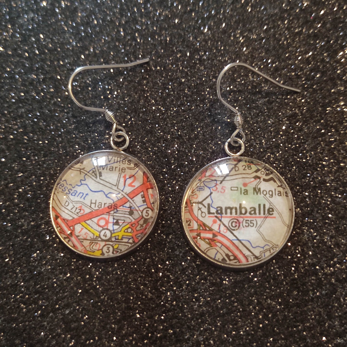 Boucles d'oreilles cabochons ronds 20mm - Métal argenté - carte routière Lamballe