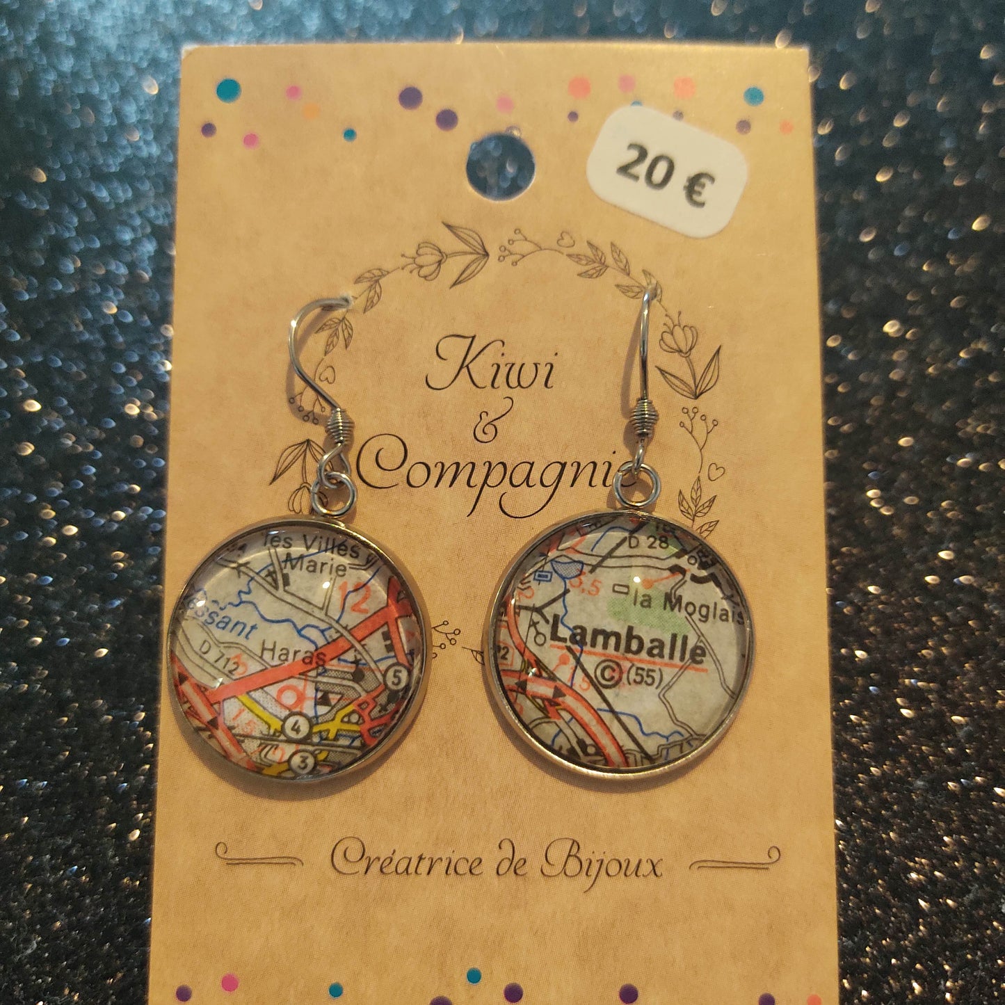 Boucles d'oreilles cabochons ronds 20mm - Métal argenté - carte routière Lamballe