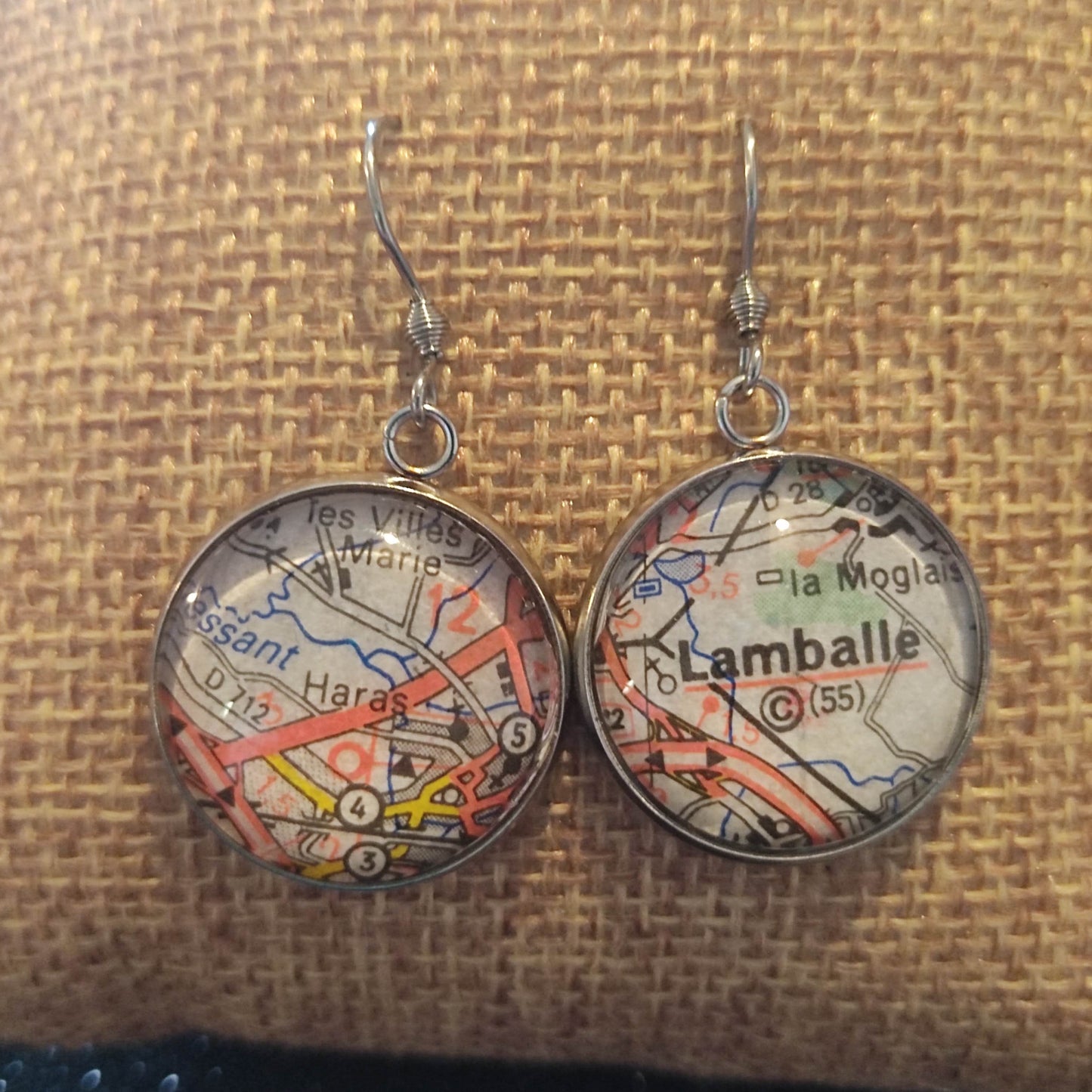 Boucles d'oreilles cabochons ronds 20mm - Métal argenté - carte routière Lamballe