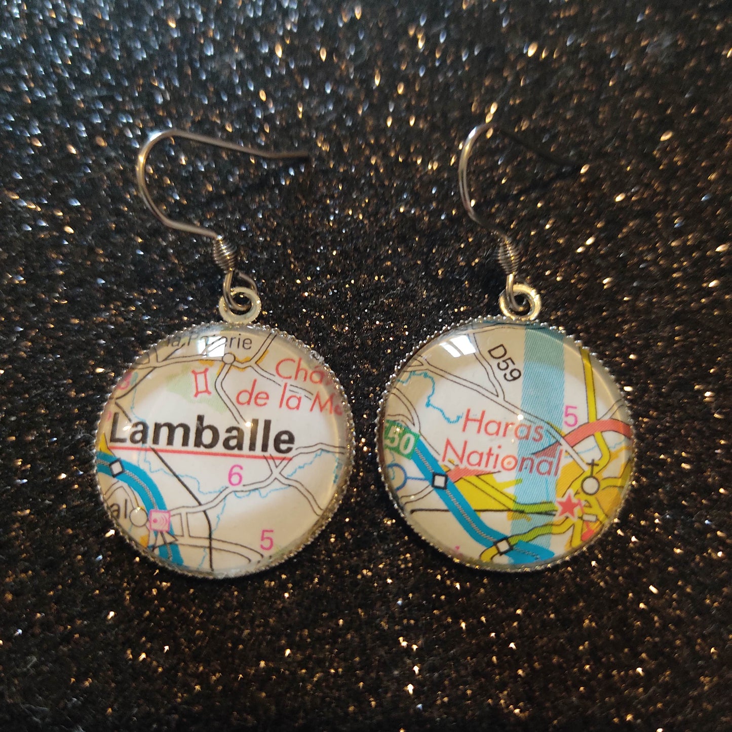 Boucles d'oreilles cabochons ronds 20mm - Métal argenté - carte routière Lamballe