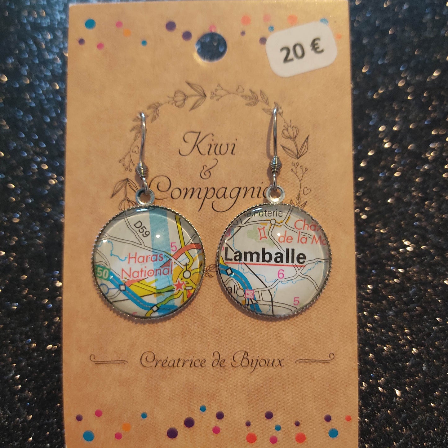 Boucles d'oreilles cabochons ronds 20mm - Métal argenté - carte routière Lamballe