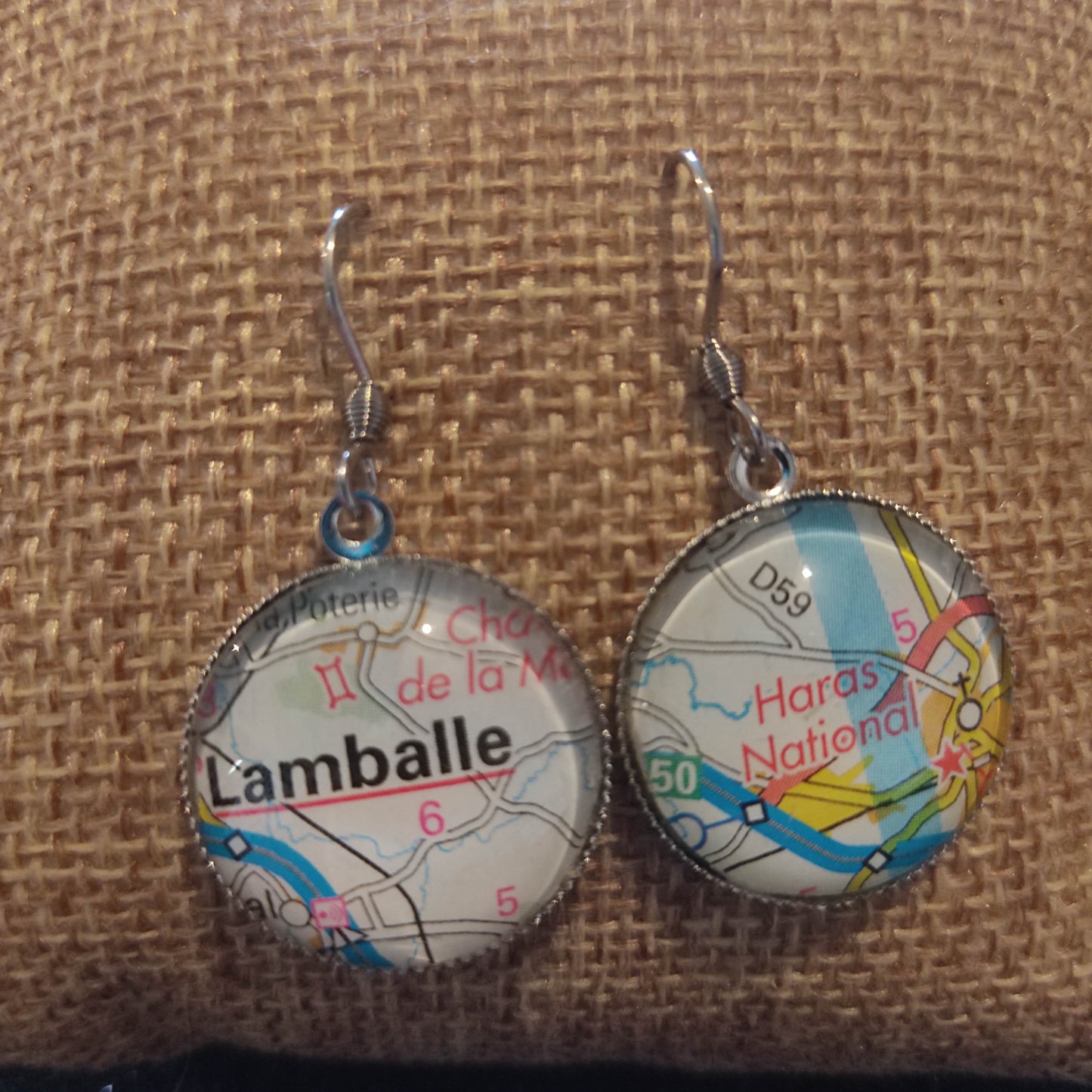 Boucles d'oreilles cabochons ronds 20mm - Métal argenté - carte routière Lamballe