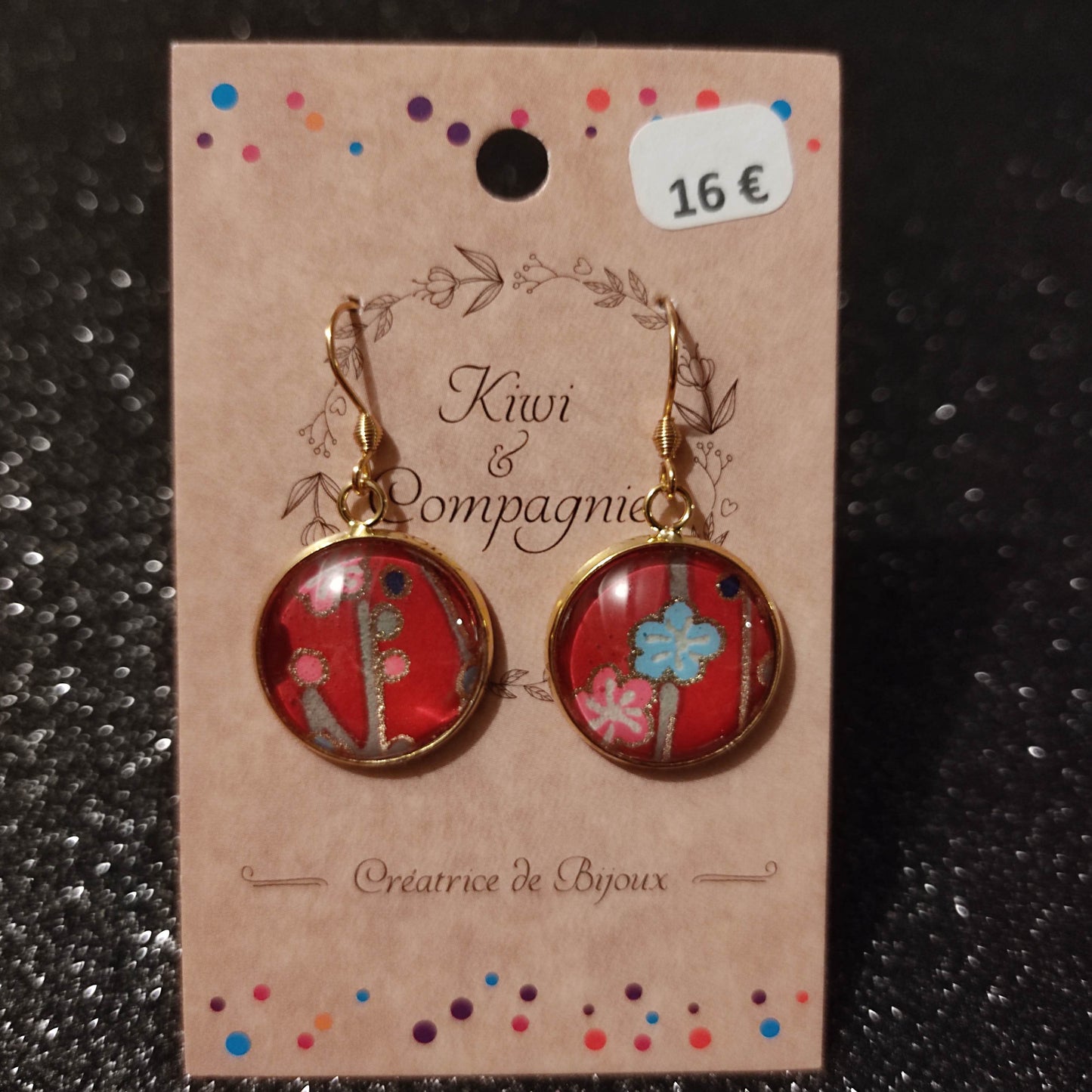 Boucles d'oreilles cabochons ronds 18mm - acier inoxydable doré - papier japonais floral fond rouge