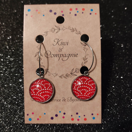Boucles d'oreilles Créoles 25 mm - cabochons verre 16 mm - papier japonais pois blanc (arc), fond rouge