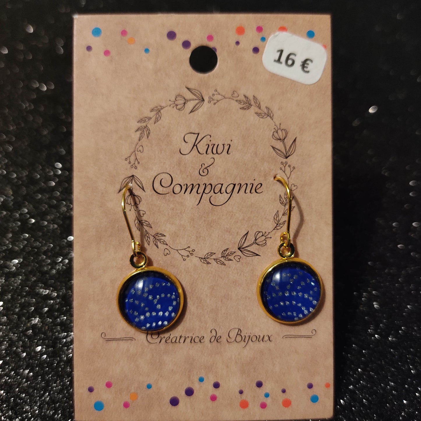 Boucles d'oreilles courtes - acier inoxydable doré - cabochons ronds 12mm - pois dorés, fond bleu nuit