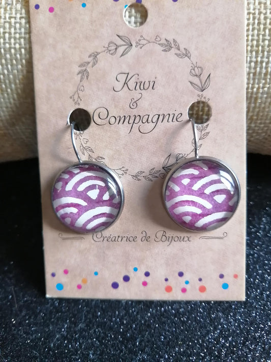 Boucles d'oreilles dormeuses rondes 18mm - Métal argenté - graphique blanc et violet