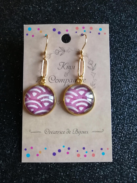 Boucles d'oreilles cabochons ronds 18mm - Acier inoxydable doré - graphique blanc et violet