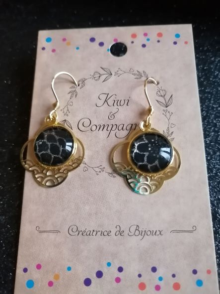 Boucles d'oreilles cabochons ronds 12mm - Acier inoxydable doré - Breloque nuage filigrane - Fleurs noirs et argentées