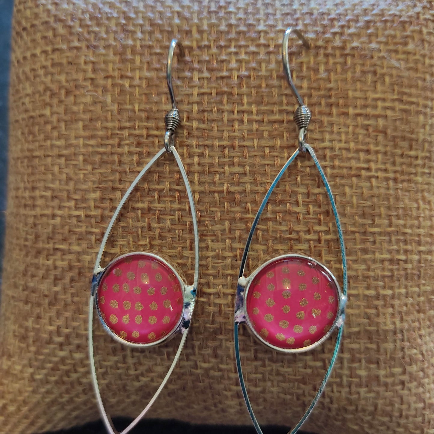 Boucles d'oreilles oeil cabochon 12mm - Métal argenté - rose, pois dorés