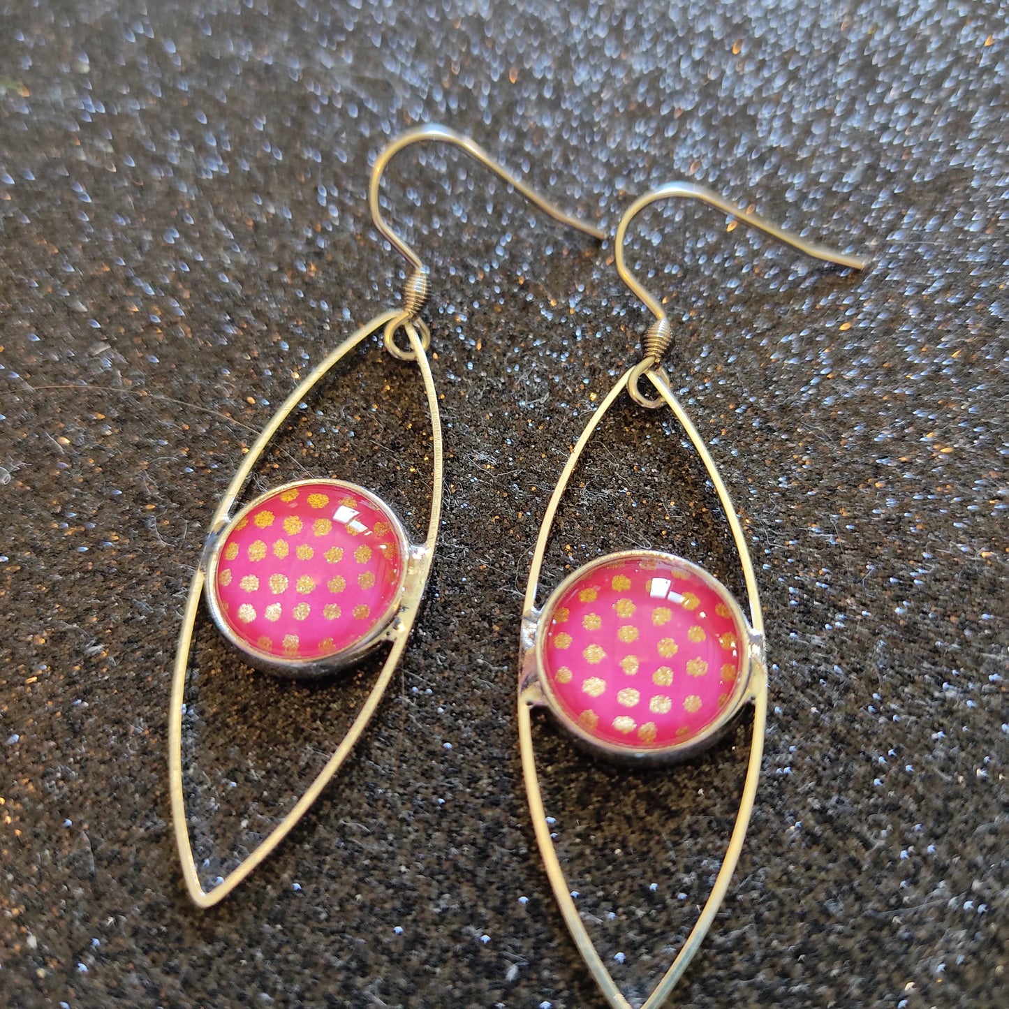 Boucles d'oreilles oeil cabochon 12mm - Métal argenté - rose, pois dorés