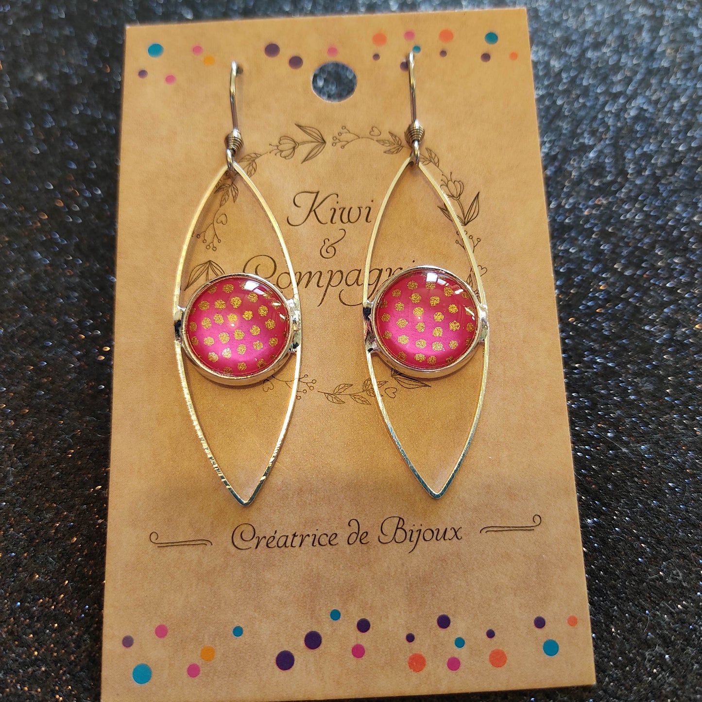 Boucles d'oreilles oeil cabochon 12mm - Métal argenté - rose, pois dorés