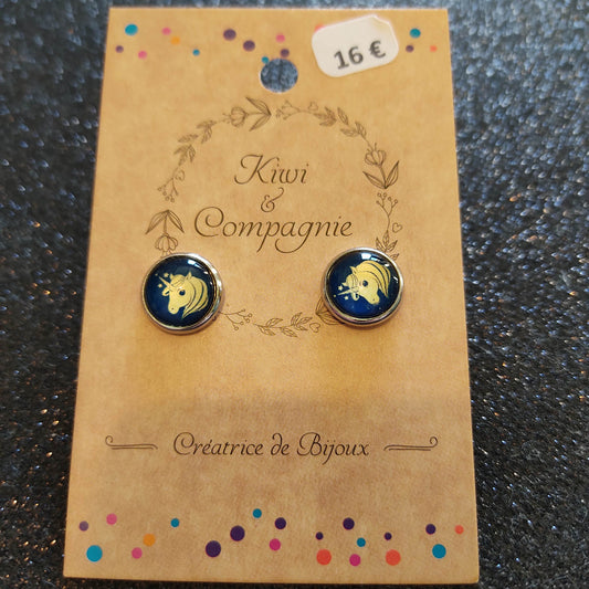 Boucles d'oreilles Puces 10mm - Acier inoxydable - licorne sur fond bleu