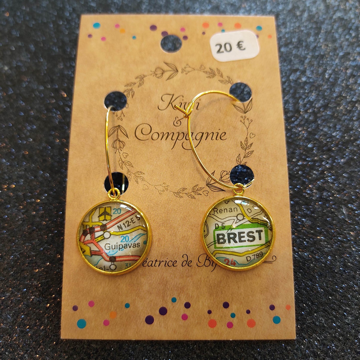 Boucles d'oreilles Créoles 25 mm - cabochons verre 16 mm - recyclage carte routière Brest, Guipavas (29) - acier inoxydable doré