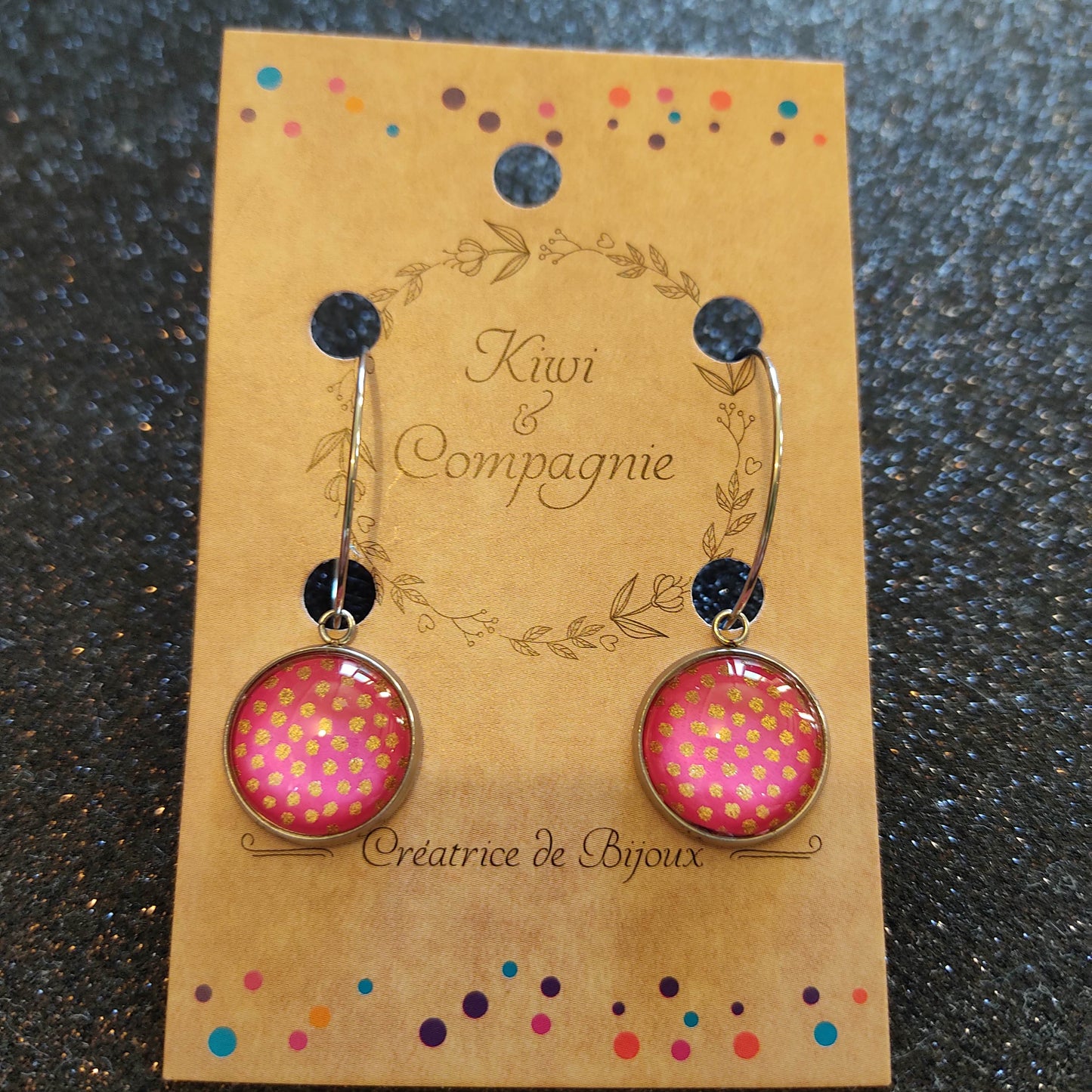 Boucles d'oreilles Créoles 25 mm - cabochons verre 14 mm - papier japonais pois dorés, fond rose - acier inoxydable