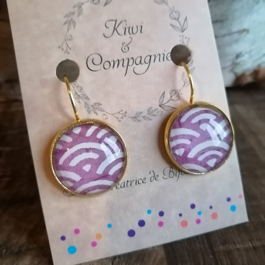 Boucles d'oreilles dormeuses rondes 18mm - Acier inoxydable doré - graphique blanc et violet