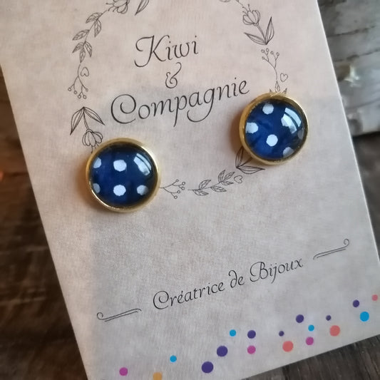 Boucles d'oreilles Puces 10mm - Acier inoxydable doré - Pois blancs, fond bleu marine