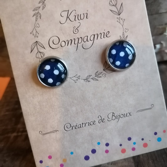 Boucles d'oreilles Puces 10mm - Acier inoxydable - Pois blancs, fond bleu marine