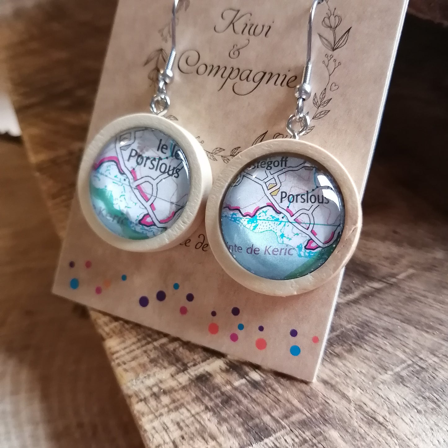 Boucles d'oreilles pendantes bois 25mm - Carte routière Porslous, Telgruc sur Mer (29)