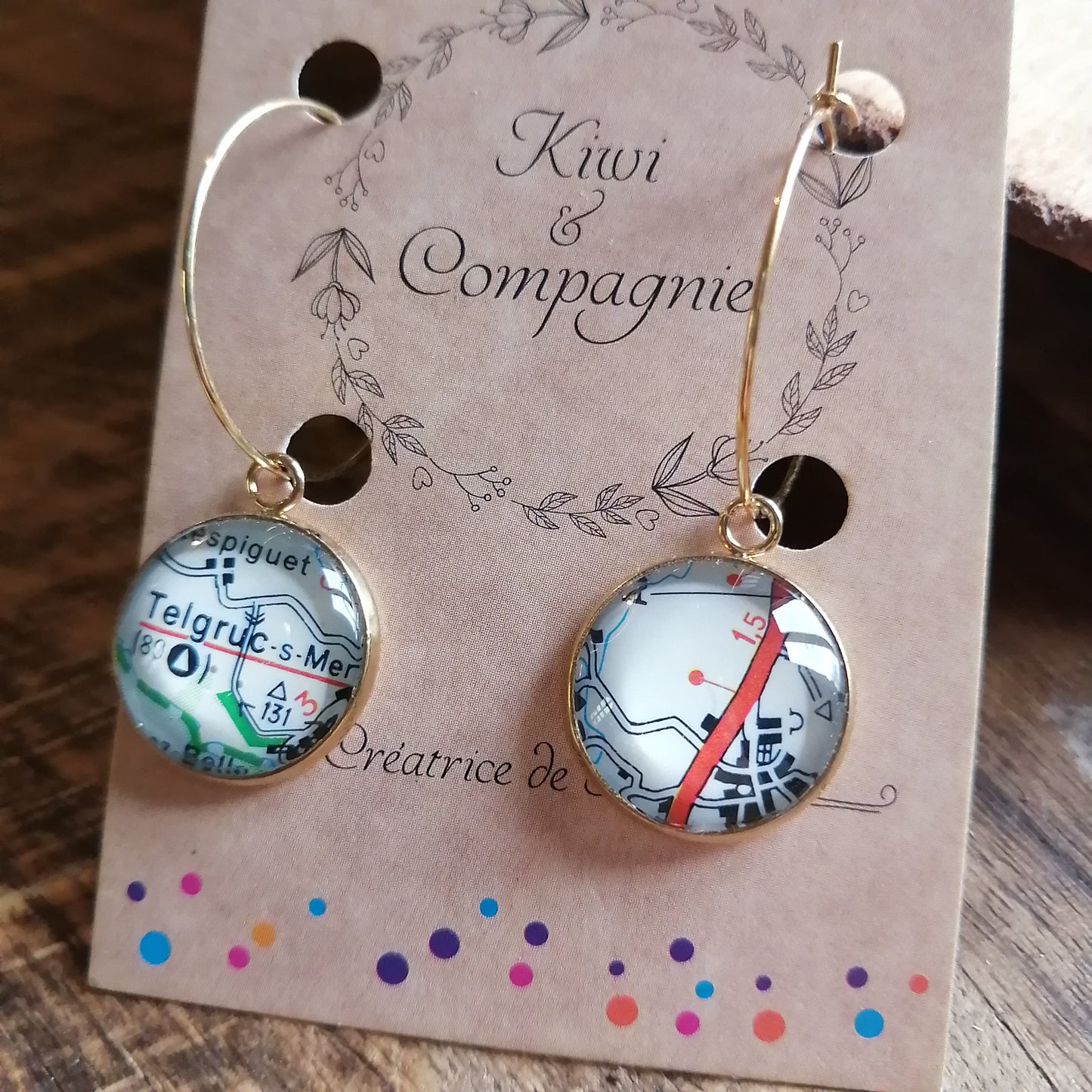 Boucles d'oreilles Créoles 25 mm - cabochons verre 16 mm - recyclage carte routière Telgruc sur Mer (29) - acier inoxydable doré