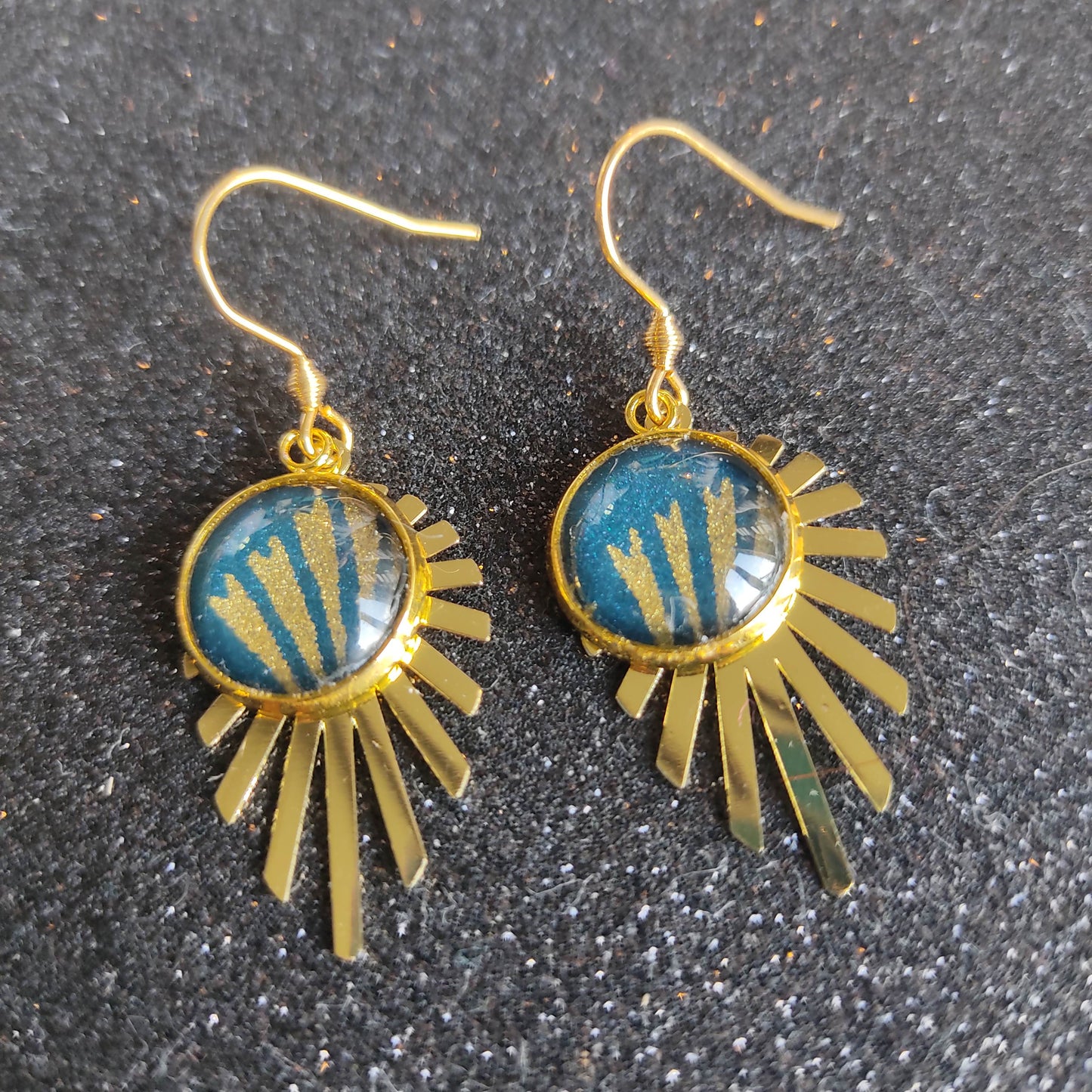 Boucles d'oreilles cabochons 12mm - Acier inoxydable doré - doré et bleu pétrole, breloque feuille filigrane