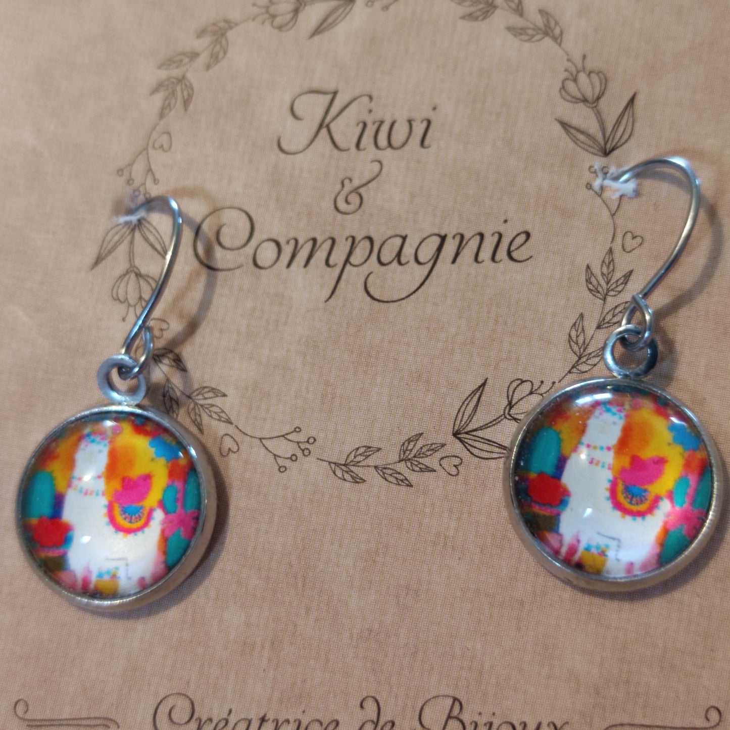 Boucles d'oreilles cabochons ronds 12mm - Acier inoxydable - Lama péruvien
