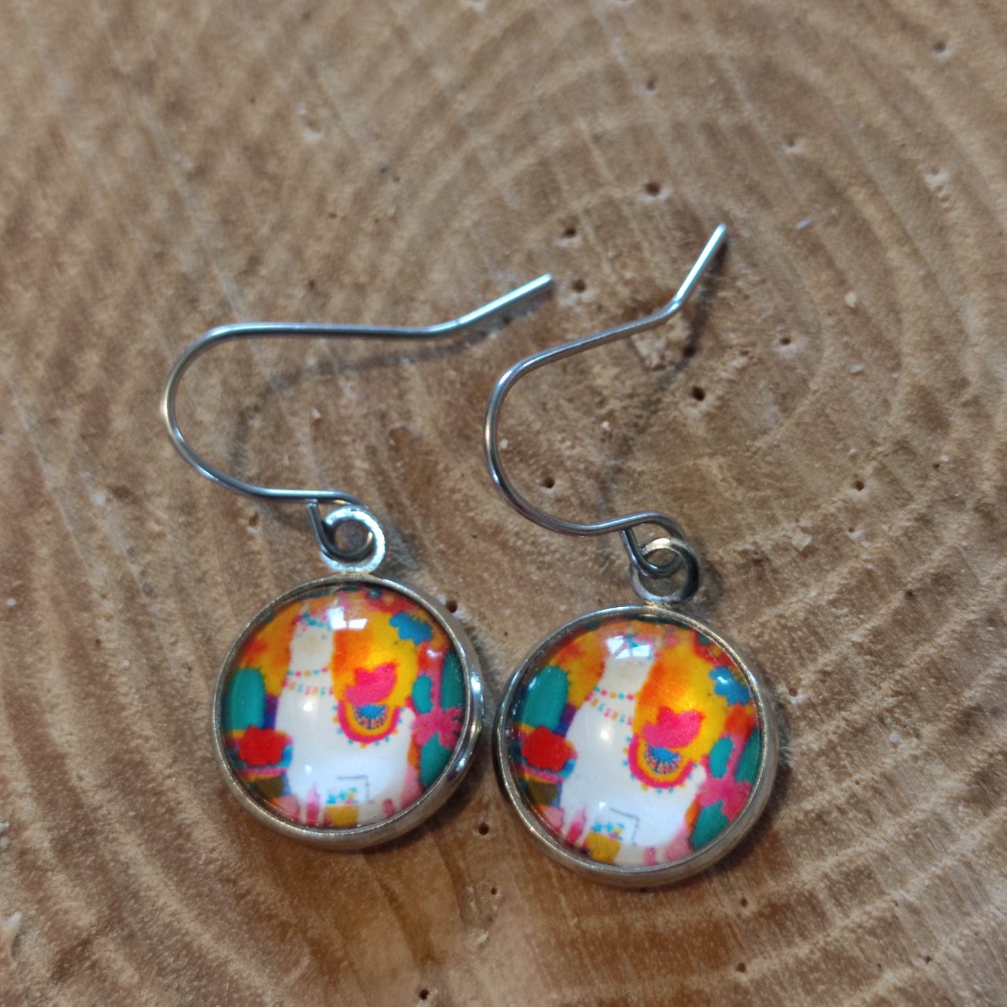 Boucles d'oreilles cabochons ronds 12mm - Acier inoxydable - Lama péruvien