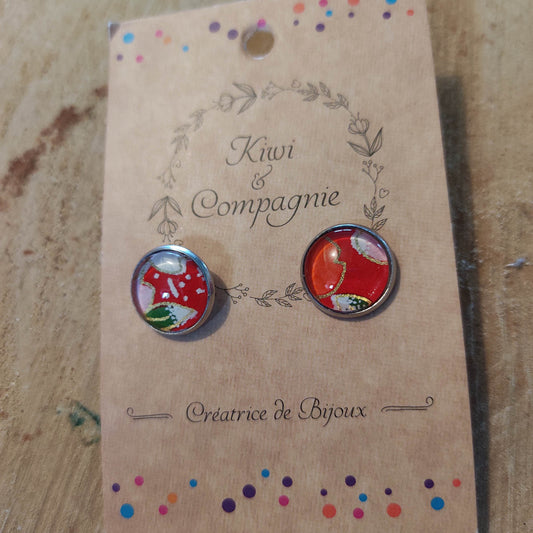 Boucles d'oreilles Puces 12mm - Acier inoxydable - Papier japonais fleur de cerisier fond rouge