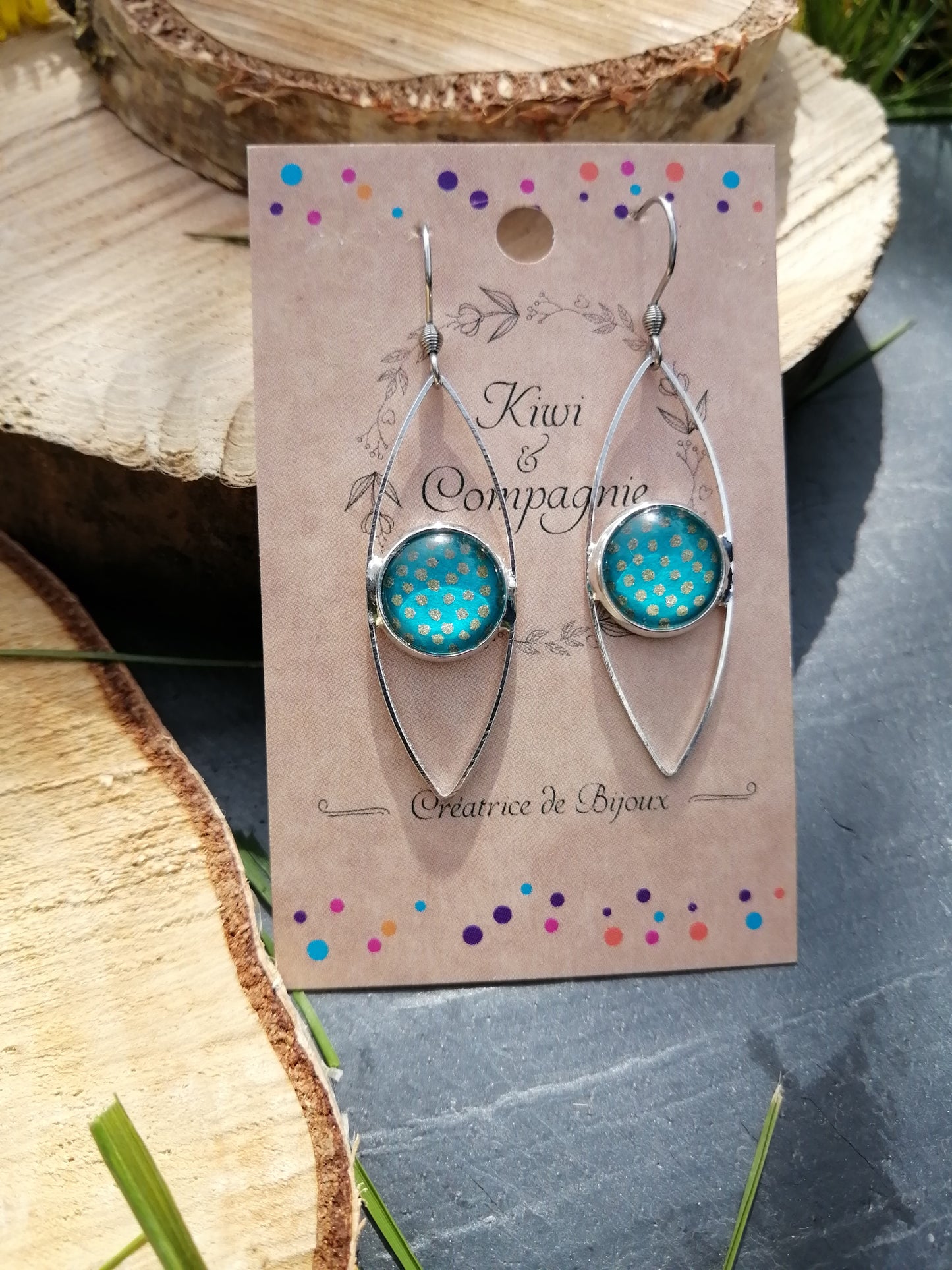 Boucles d'oreilles oeil cabochon 12mm - Métal argenté - pois dorés fond vert d'eau