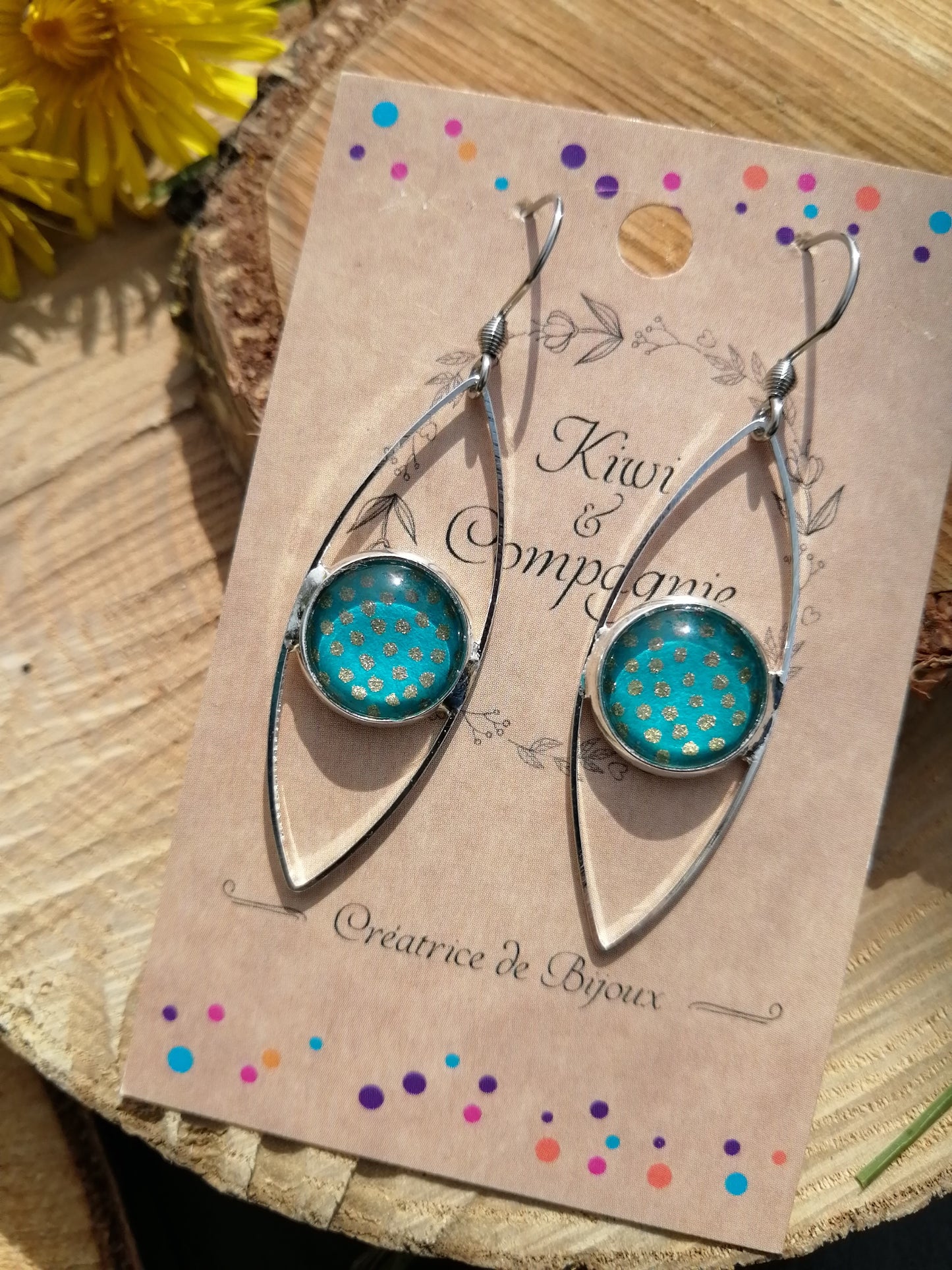 Boucles d'oreilles oeil cabochon 12mm - Métal argenté - pois dorés fond vert d'eau