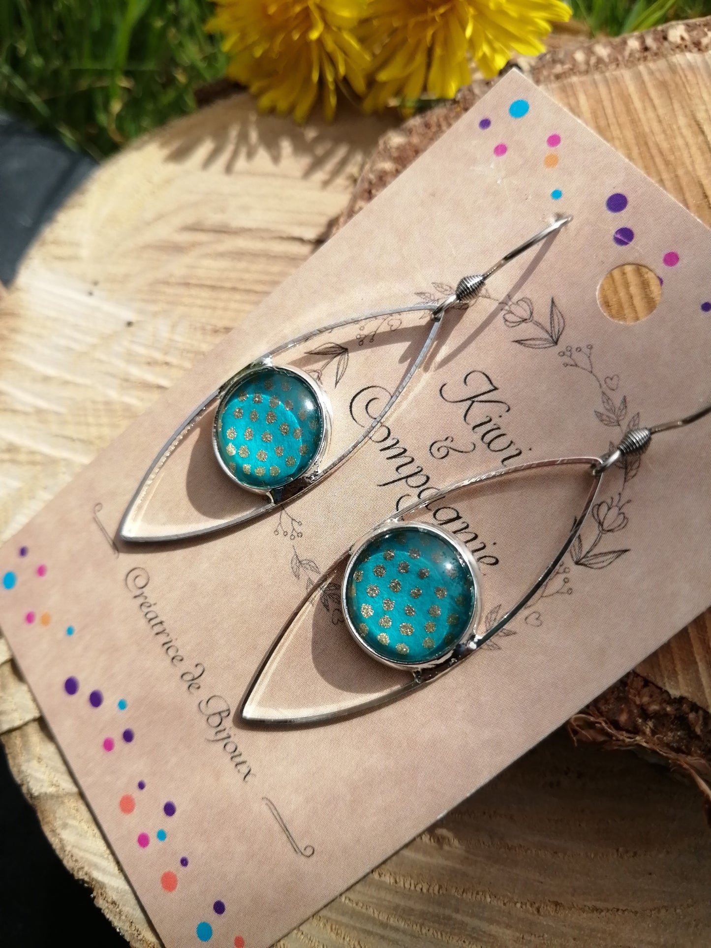 Boucles d'oreilles oeil cabochon 12mm - Métal argenté - pois dorés fond vert d'eau