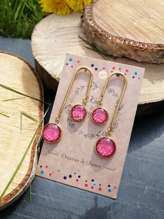 Boucle d'oreille en forme de U - acier inoxydable doré - double cabochon - pois doré fond rose