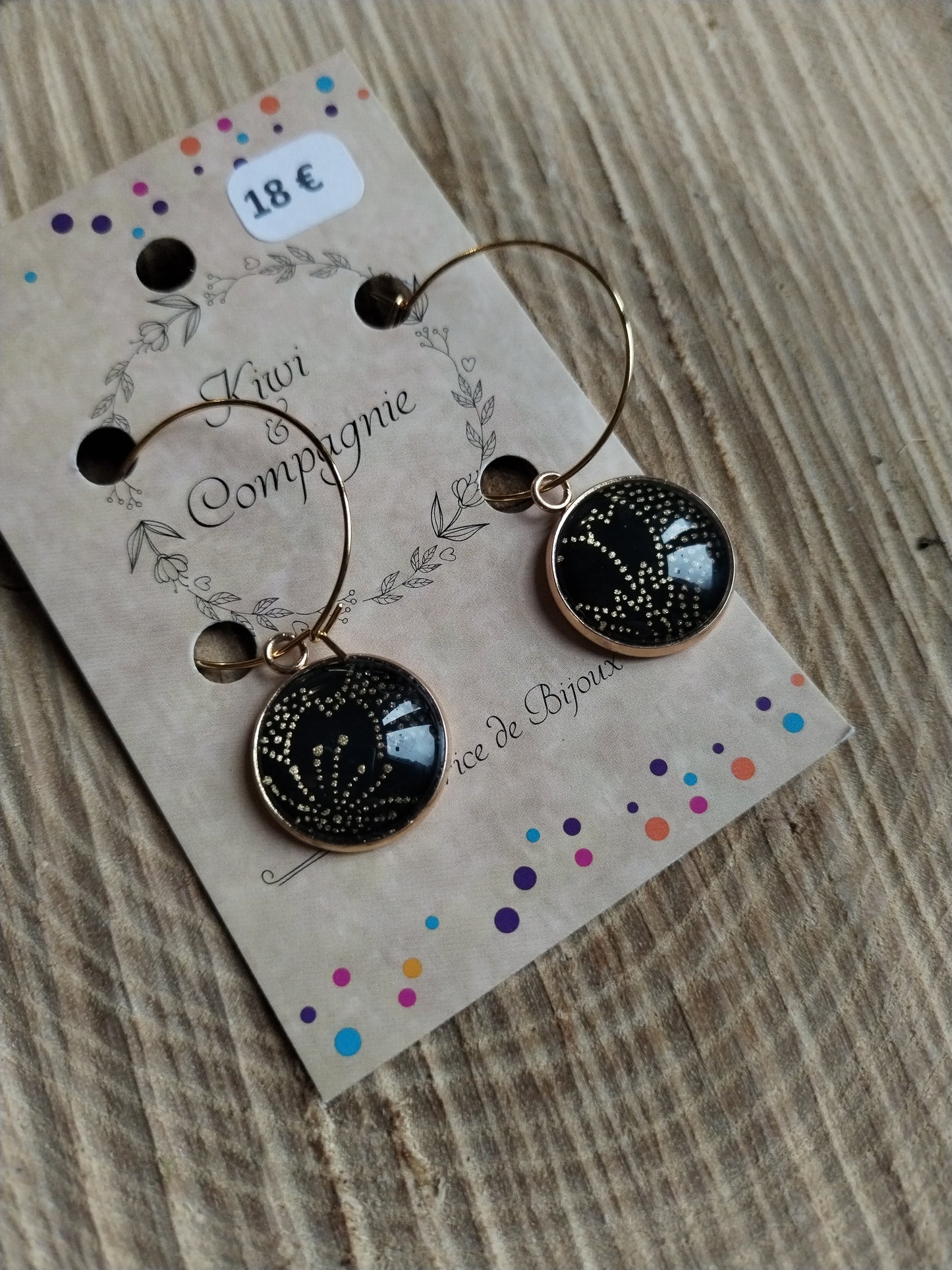 Boucles d'oreilles Créoles 25 mm - cabochons verre 16 mm - papier japonais floral doré et fond noir - acier inoxydable doré