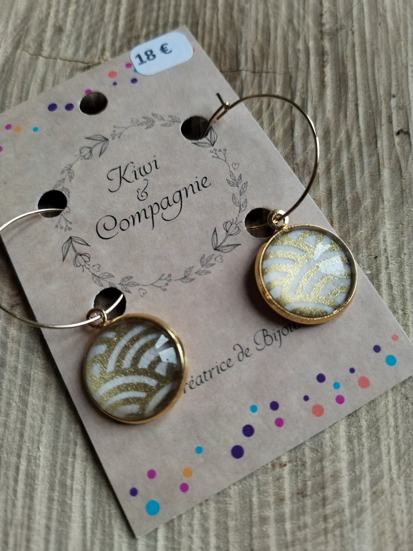 Boucles d'oreilles Créoles 25 mm - cabochons verre 16 mm - papier japonais graphique doré et blanc - acier inoxydable doré
