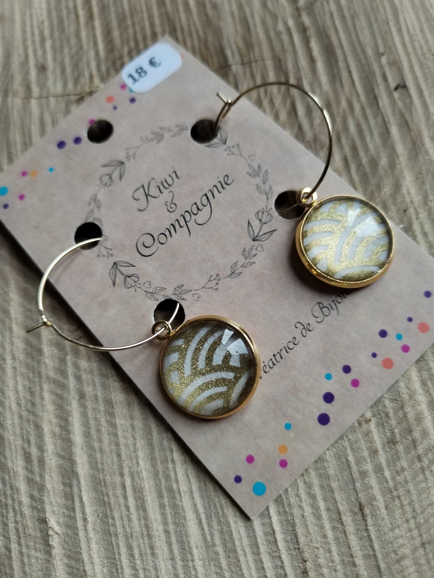 Boucles d'oreilles Créoles 25 mm - cabochons verre 16 mm - papier japonais graphique doré et blanc - acier inoxydable doré