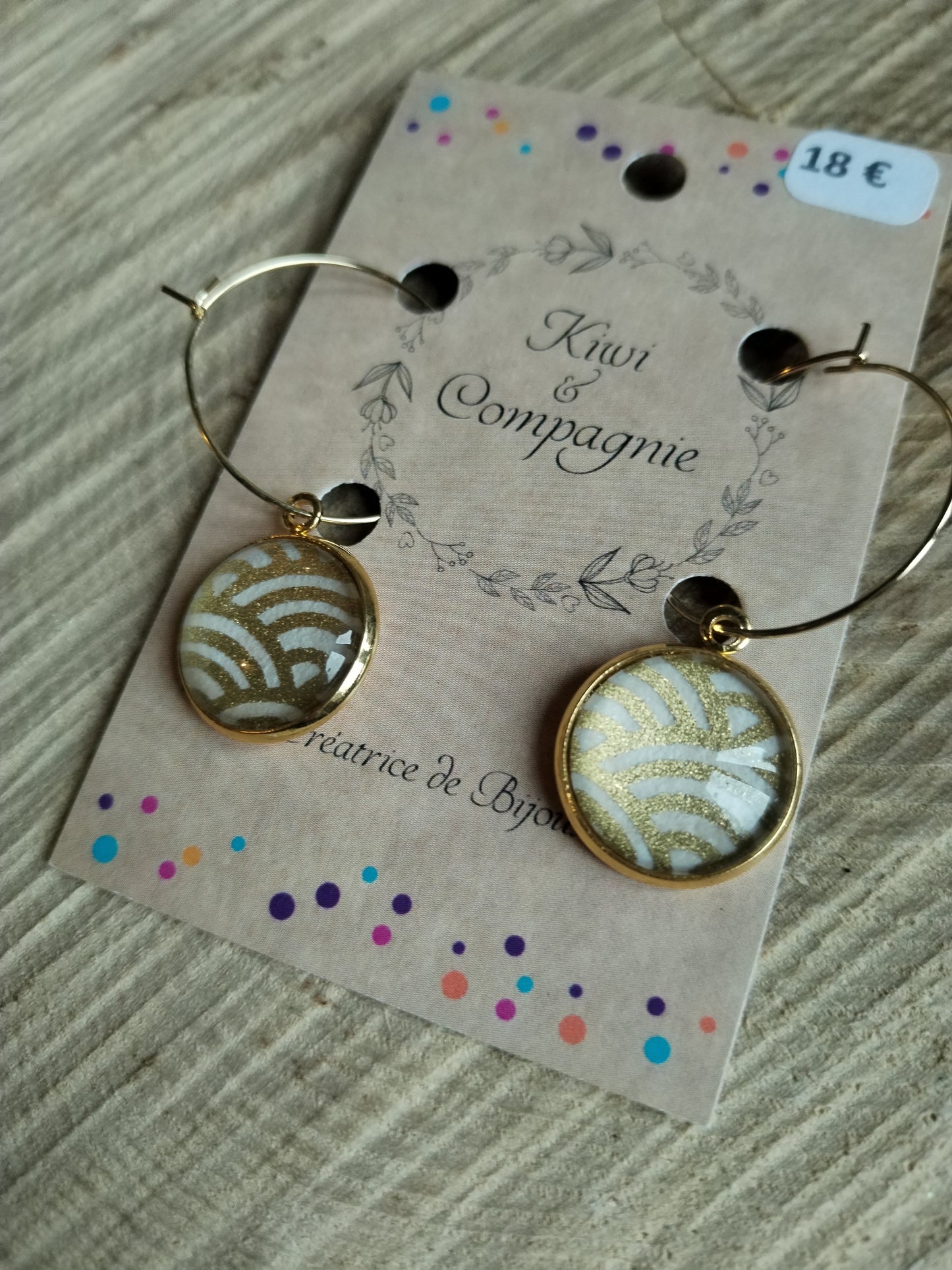 Boucles d'oreilles Créoles 25 mm - cabochons verre 16 mm - papier japonais graphique doré et blanc - acier inoxydable doré