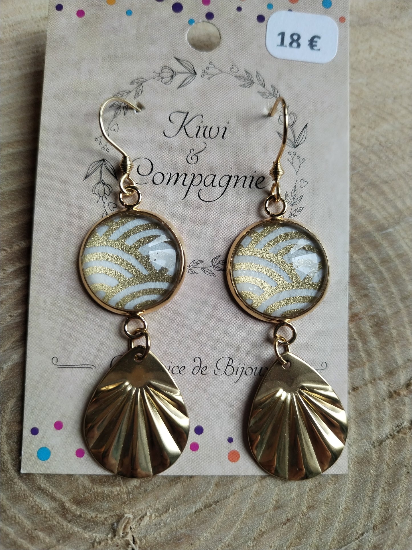 Boucles d'oreilles cabochons 16mm - Acier inoxydable doré - papier japonais graphique doré et blanc - breloque pétale acier inoxydable doré