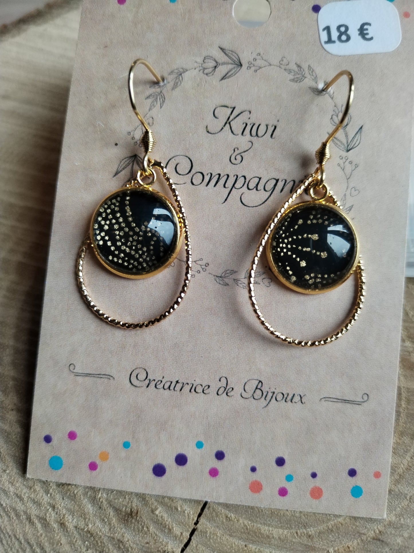 Boucles d'oreilles cabochons ronds 12mm - Acier inoxydable doré - Forme goutte - Papier japonais floral doré et fond noir